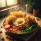 Foto realistis beresolusi tinggi sepiring mi goreng Indonesia di atas meja kayu. Minya berwarna cokelat keemasan, sedikit mengilap, dengan uap mengepul, dilengkapi telur goreng, ayam suwir, sayuran hijau, irisan tomat, dan kerupuk di sampingnya. Sinar matahari alami dari jendela di dekatnya menghasilkan bayangan lembut. Latar belakang agak buram seperti foto DSLR. Penyajiannya autentik, hangat, dan menggugah selera.